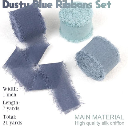 Dusty Blue Chiffon Ribbon 1 Inch x 21Yds Handmade Fringe Chiffon Silk Ribbon Dusty Blue/Slate Blue/Dark Blue Frayed Chiffon Ribbon for Wedding Invitation Flower Bouquets Bridal Shower Gift Wrapping