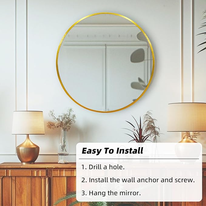 Gold Round Mirror, Circle Mirror 24 inch, Gold Round Bathroom Mirrors, Circle Wall Mirrors for Bathroom, Living Room, Hallway, Vanity, Over Sink, Mantel