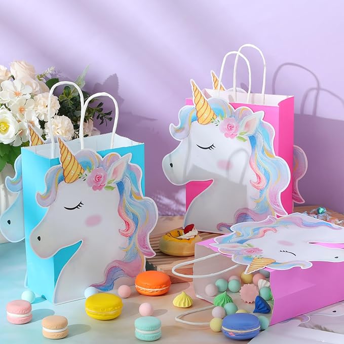 Kolldenn 24 Pack Unicorn Party Favor Bags Goody Bags 3 Colors with 48 Pcs Cardstocks and Handles for Unicorn Birthday Party Gift Goody Treat Candy for Unisex Favors