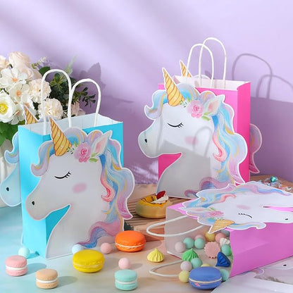 Kolldenn 24 Pack Unicorn Party Favor Bags Goody Bags 3 Colors with 48 Pcs Cardstocks and Handles for Unicorn Birthday Party Gift Goody Treat Candy for Unisex Favors