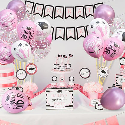 2026 Graduation Party Decorations, 68pcs Light Pink White Metallic Pink Graduation Balloons Black White Pink Confetti Balloons for College High School Class of 2026 Congrats Grad Party Decor