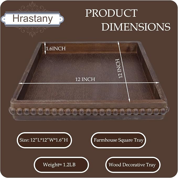 Hrastany Square Wood Decorative Tray, Rustic Coffee Table Serving Tray for Ottoman, Farmhouse Kitchen Counter Organizer, Bedroom, Home Decor(Retro Brown)
