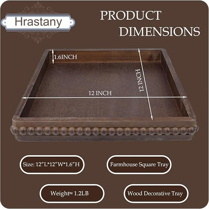 Hrastany Square Wood Decorative Tray, Rustic Coffee Table Serving Tray for Ottoman, Farmhouse Kitchen Counter Organizer, Bedroom, Home Decor(Retro Brown)