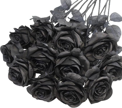 Black Roses Artificial Flowers, 12 Pcs Fake Rose in Bulk, Long Stem Realistic Silk Roses Bouquet for Centerpieces Flower Arrangement, Halloween Home Decor, Gothic Decoration (Black2, 12-PCS)