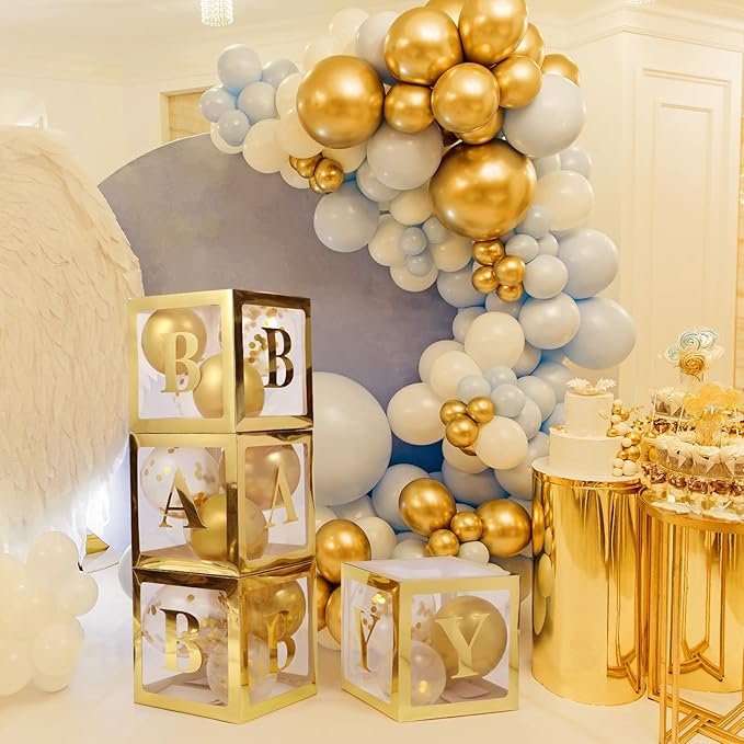 Voircoloria Baby Boxes with 42pcs Letters for Baby Shower Transparent Balloon Boxes Clear Balloon Box Blocks for Boy Girl Gender Reveal Party and Birthday Party (Gold)