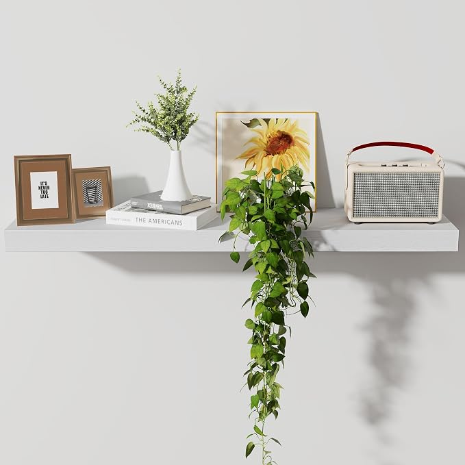 Axeman Floating Shelves, 8 Inch Deep Rustic Solid Wood Wall Shelves for Storage, Wall Mounted Display Shelving with Invisible Heavy-Duty Metal Bracket, 36" W x 8" D x 1.6" H, Distressed White