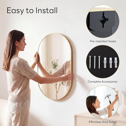 Sweetcrispy 20" x 30" Gold Bathroom Mirror for Wall, Oval Wall Mirrors with Metal Frame, Tempered Glass, Modern Vanity Mirror for Over Sink, Living Room, Bedroom, Entryway, Horizontal or Vertical