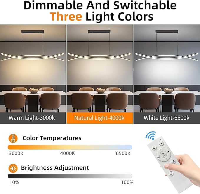 Modern Ceiling Chandelier Light, 39IN Pendant Light Fixtures with Remote Control 3000k-6500K Adjustable Color Temperature, Aluminum Island Lighting Lamp for Dining Room, Living Room, Island