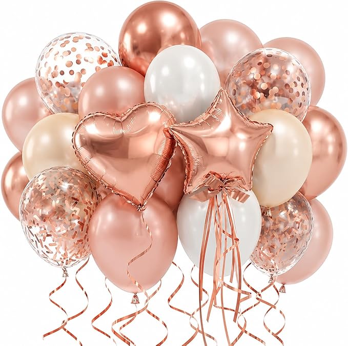 Rose Gold Balloons Birthday Decorations, Pearl Rose Gold Confetti Birthday Balloon for Women, Pentagram Heart Balloon for Glitter Happy Anniversary Balloons Wedding Bridal Shower