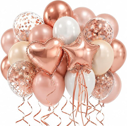 Rose Gold Balloons Birthday Decorations, Pearl Rose Gold Confetti Birthday Balloon for Women, Pentagram Heart Balloon for Glitter Happy Anniversary Balloons Wedding Bridal Shower