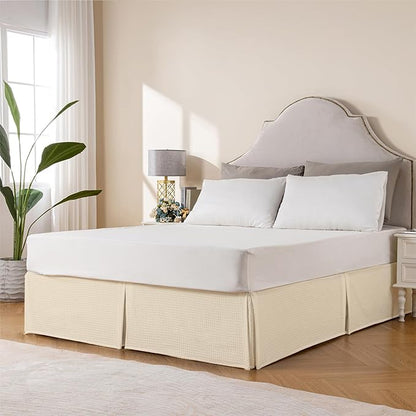 MIYE Pleated Waffle Weave Bed Skirt, Tailored Dust Ruffle 18 Inch Drop Easy Fit, Machine Washable,No Split Corners (Light Beige, Cal King - 18" Drop)