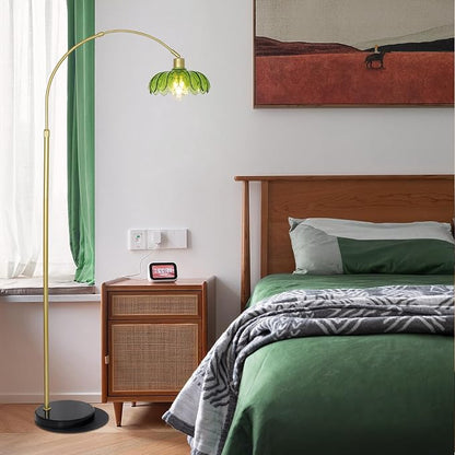 Arc Floor Lamps for Living Room, Gold Floor Lamp with Remote, Glass Standing Lamp for Bedroom, Green Flower Lamp with LED Bulb, Height Adjustable Tall Lamps for Office, Modern Stand Up Lamp Decor