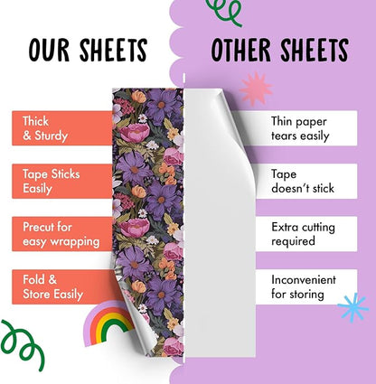 CENTRAL 23 Floral Wrapping Paper For Women - 6 Sheets Of Birthday Gift Wrap - Pink Purple White Yellow Flowers - Spring - Bridal Shower - Comes With Stickers