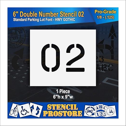 Pavement, Curb, and WheelStop Stencils - 6 inch Double Number Stencil - (02) - 6" x 9" x 1/8" (128 mil) - Pro-Grade
