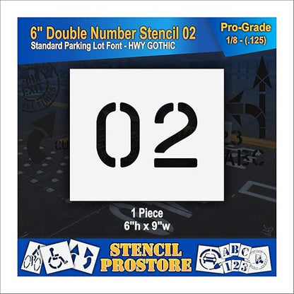 Pavement, Curb, and WheelStop Stencils - 6 inch Double Number Stencil - (02) - 6" x 9" x 1/8" (128 mil) - Pro-Grade
