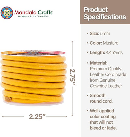 Mandala Crafts Round Genuine Mustard Yellow Leather Cord for Jewelry Making – 5mm Cowhide Leather Rope String Lace for Kumihimo – 4.4 Yards Cowhide Craft Cording Spool