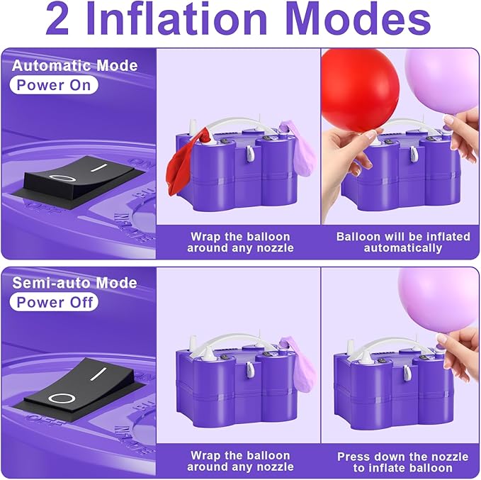 FLSEPAMB Electric Balloon Pump, 3-in-1 Portable Electric Air Balloon Blower Machine Balloon Pump 2 Motor Dual Nozzle Balloon Inflator for Latex 260Q Long Foil Balloons Swimming Rings Air Beds