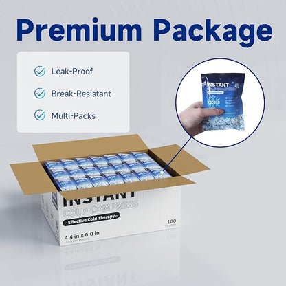 100 Instant Ice Cold Packs, 4.4" x 6" Disposable Ice Packs for Injuries, Pain Relief, No Freeze Needed Cold Compress for First Aid, Athletes