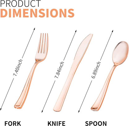 50 Pack Pre Rolled Rose Gold Plastic Silverware Set with Napkins,Disposable Wrapped Heavy Duty Cutlery Set for Wedding Birthday Party-50 Forks,Knives,Spoons,Utensils Set,Plasticware Bulk