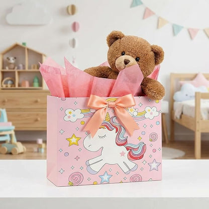 6 Pack Birthday Gift Bags Set for Kids ,Large Holiday Goody Bags with Handle, 6 Ribbons&6 Greeting Cards, Reusable Birthday Treat Bags for Party Favors,Candy,Toys,Classroom Gifts, Cartoon&Cute Design