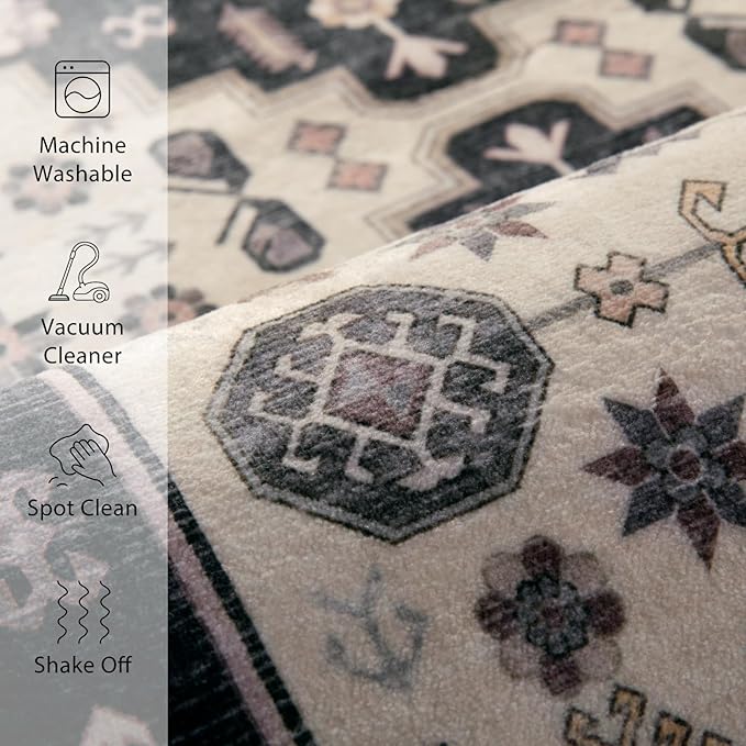 Tangsoo 2x3 Rugs for Entryway, Vintage Washable Indoor Area Rug,Boho Non-Slip Soft Low-Pile Small Entry Rug Door Mat Black and Gold Entrance Carpets for Kitchen Bathroom Bedroom