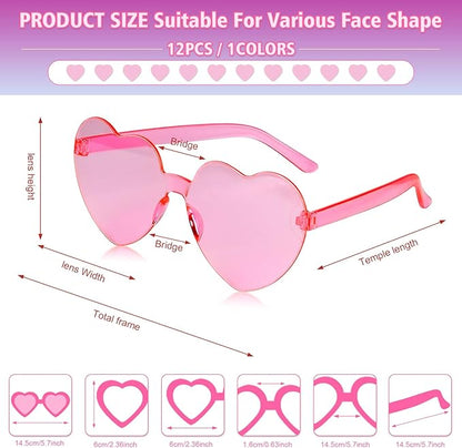 NACHLYNN 12 Pairs Pink Heart Sunglasses for Women Rimless Heart Shaped Sunglasses Candy Color Glasses for Party Favors
