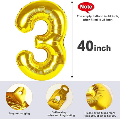 Numbers Balloon 3, 40 Inch Gold Balloon for Three Year Old Birthday Decor, 3 13 30 31 Birthday Party Decorations for Wedding Graduation Engagement