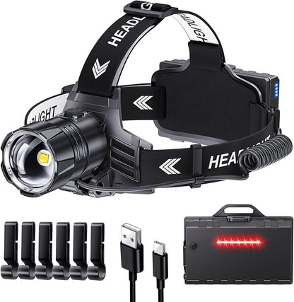Sinvimes 99000 High Lux LED Rechargeable Headlamp, 95H Long Battery Life Head Lamp with 5 Modes & IPX7 Waterproof & Zoomable, 125° Adjustable Head Light for Adults, Outdoor, Camping, Hardhat