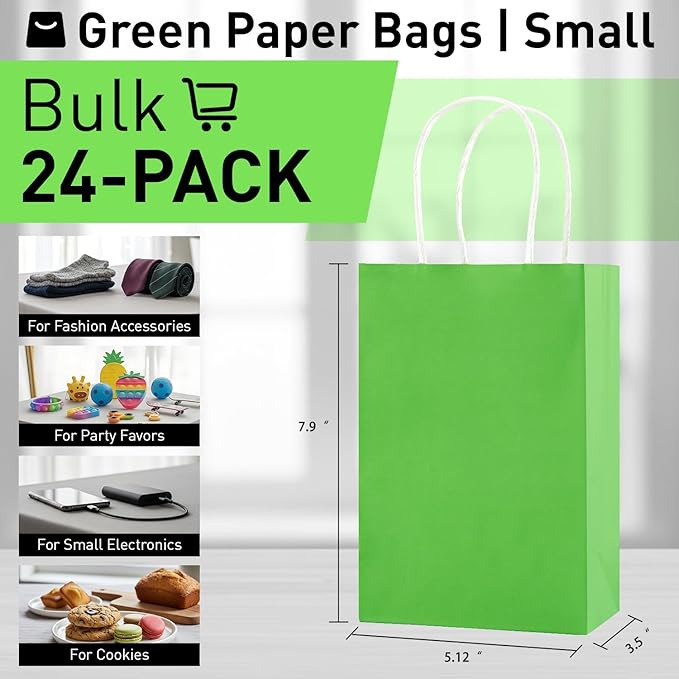 SUNCOLOR 24-Pack Green Gift Bags with Handles, 7.9 x 5.12 x 3.15 Inch Kraft Paper Party Favor Bags for Christmas St Patrick Day Birthday Easter