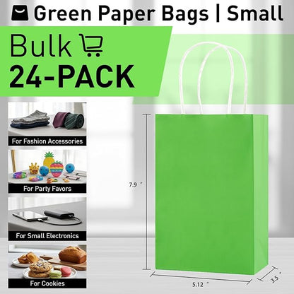 SUNCOLOR 24-Pack Green Gift Bags with Handles, 7.9 x 5.12 x 3.15 Inch Kraft Paper Party Favor Bags for Christmas St Patrick Day Birthday Easter