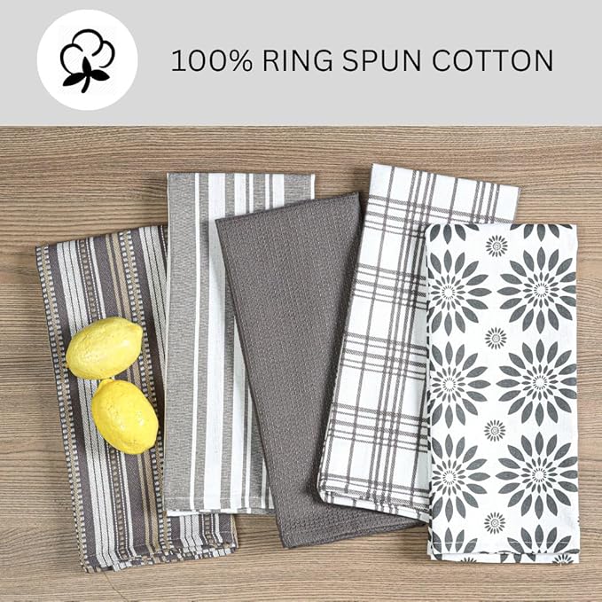 Assorted Kitchen Towels 100% Cotton Large 16x26 Inch Set of 5 - Soft Highly Absorbent Durable Reusable - Perfect for Drying Cleaning Everyday Kitchen Use - Quick Drying Dish Towels Grey