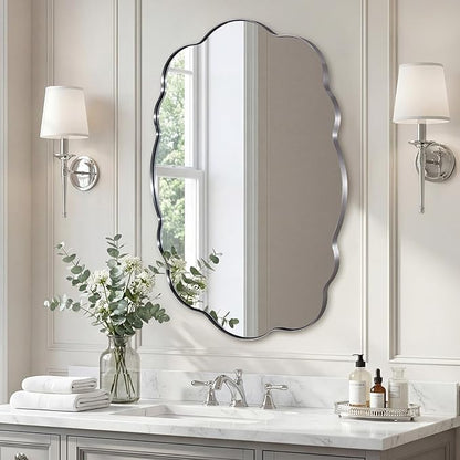 ANDY STAR Brushed Nickel Wavy Oval Bathroom Mirror, 26x38 Inch Silver Scalloped Wall Mirror, Unique Irregular Wall Mirror with Sophisticated Curved Design