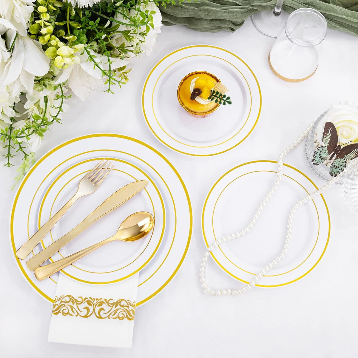 Supernal 200pcs Gold Plastic Dinnerware included 25 Party Dinner Plates 25 Dessert Plates 25 Disposable Cups and 25 Paper Napkins Disposable 25 Spoons 25 Knives 50 Forks for Party and Wedding