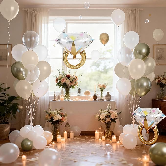 Gold and White Diamond Ring Balloons, Pearl White Beige Gold Double Latex Balloons with Big Ring Foil Balloon Set for Boho Engagement Bridal Shower Wedding She Said Yes Bachelorette Party Decorations