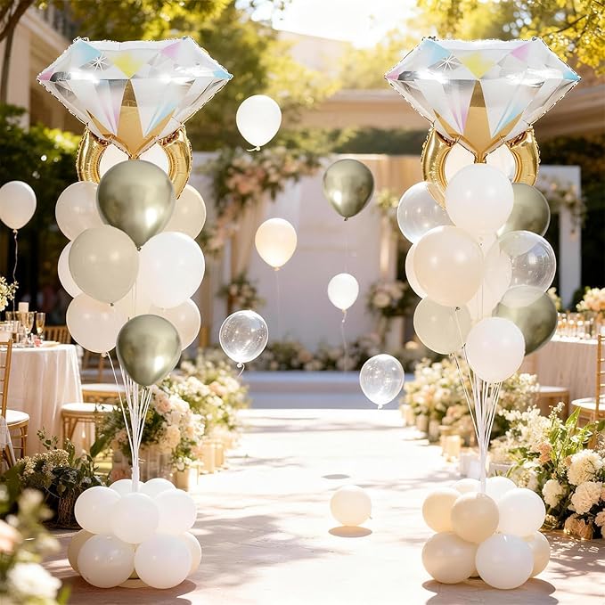 Gold and White Diamond Ring Balloons, Pearl White Beige Gold Double Latex Balloons with Big Ring Foil Balloon Set for Boho Engagement Bridal Shower Wedding She Said Yes Bachelorette Party Decorations