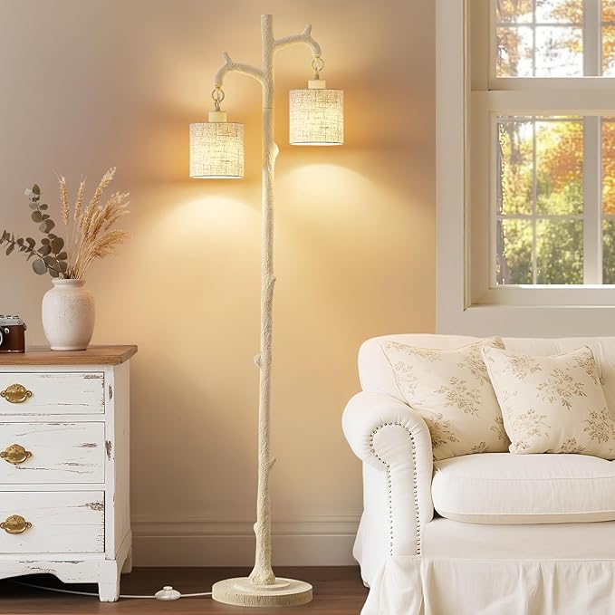 EJIAXIN Floor Lamp for Living Room - 69" Rustic Farmhouse Tree Trunk Tall Lamp with 2 Country Vintage Reading Light - Standing Tall Lamps for Bedroom Office Home Decor (Almond White, Bulb Included)