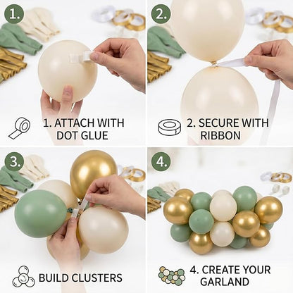 60pcs Sage Green and Gold Balloon Kit,12 Inch Eucalyptus Olive Green Cream & Metallic Gold Balloons for Boho Baby Shower, Bridal Wedding, Jungle Safari Birthday (with Ribbons & Glues)