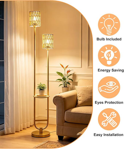 Lightdot 63IN Gold Floor Lamp with Table Mid Century Standing Lamps with Warm White Bulbs Included Unique Vintage Tall Floor Lamp with 5Lbs Heavy Base for Living Room/Party/Sofa Beside/Corner Decor