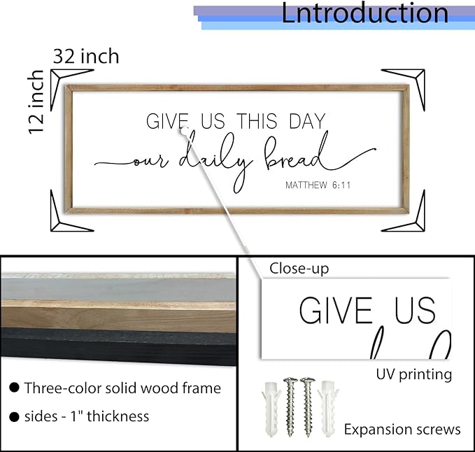 FZMHASLWW Dining Room Wall Decor Bible Verse Give Us This Day Our Daily Bread Christian Sign Plaque 32"×12" Matthew 6:11 for Farmhouse Kitchen Large Rustic Vintage Horizontal Wall Hanging Art (Wood)