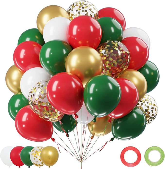 Christmas Red Green Gold Balloons Set, 60Pcs 12 Inch Red Green White Metallic Gold Confetti Latex Balloon Kit for Christmas Grinch Birthday Party Decorations
