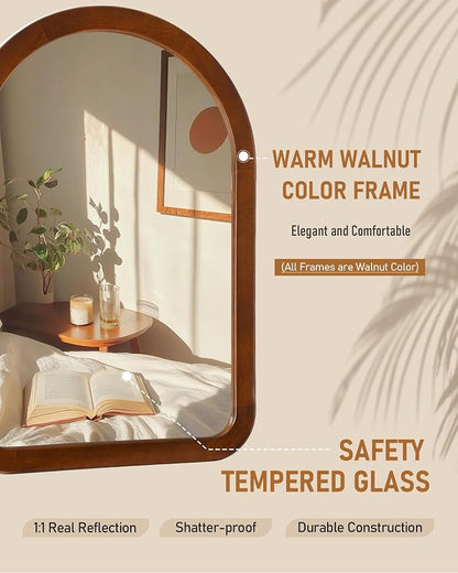 Arched Mirror 24 x 36 Inch,Walnut Brown Wood Rustic Bathroom Tempered Wall Mirror with Wood Frame,Round Corner Arch Farmhouse Wooden Vanity Mirror for Living Room,Entryway or Bedroom