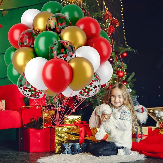 Christmas Red and Green Balloons 60 Pcs 12 inch Christmas Party Balloons Confetti Balloons Gold Metallic Latex Balloon Matte Holiday Balloons for Xmas Balloon Arch Party Birthday Decorations