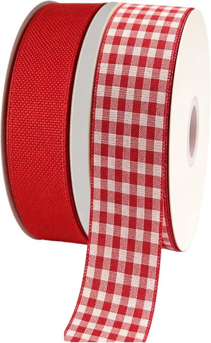 Buffalo Plaid Burlap Wired Ribbon, Tartan Check, Farmhouse Style, for Gift Wrapping, Christmas, Wedding Decorations (Red/Solid/Check, 1.5 Inch)