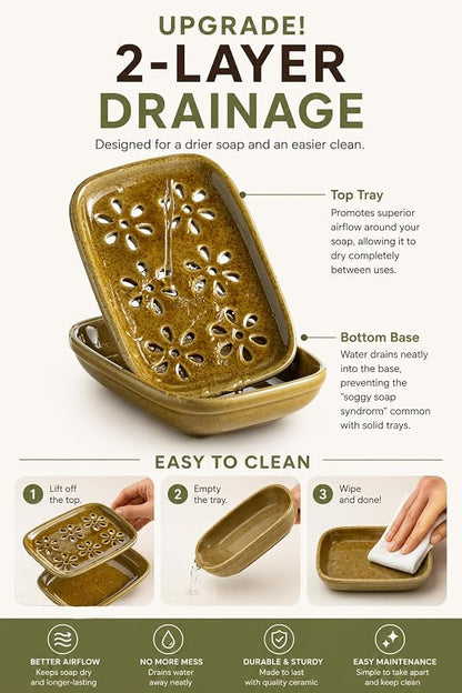 Miamolo 2 Layer Soap Dishes for Shower with Drainage, Large Bar Soap Holder for Bathroom Kitchen Sink Bathtub, Removable Slotted Design for Self Draining Non-Slip Base, Dishwasher Safe, Yellow