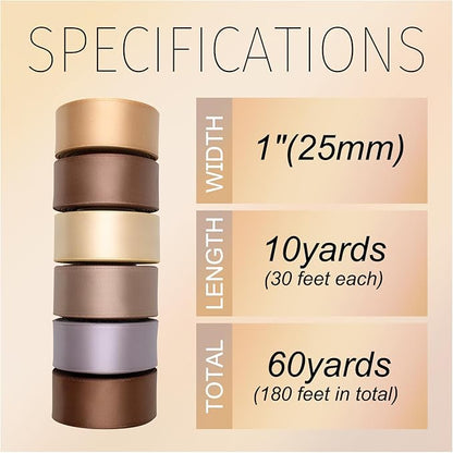 Light Brown Ribbon 1 Inch Wide Neutral Ribbon Tan Champagne Gold Satin Ribbon Assorted Solid Color Double Faced Satin Ribbon for Gift Wrapping Wedding Flower Bouquet Wrapping Hair Bows Crafts
