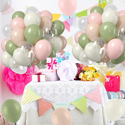Pink and Sage Green Balloon, 50PCS 12Inch Olive Green Pink Sand White Ivory Clear Transparent Balloons for Wedding Birthday Baby Shower Gender Reveal Woodland Jungle Safari Decorations