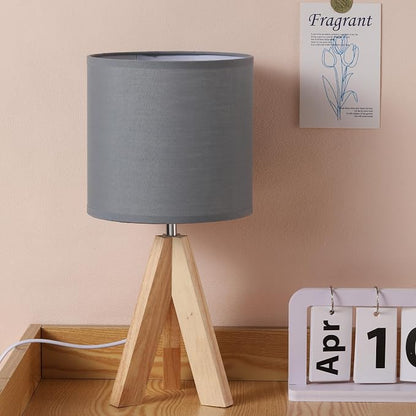 Table Lamp,Small Tripod Desk Lamp with Linen Fabric Lampshade,14.9",Tri-Color 5W Wooden Table Lamp for Living Room,Kids Room,Nursery (Grey)