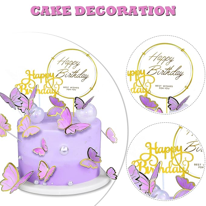 60Pcs Butterfly Cupcake Topper Purple Gold, Lively 3D Butterflies with 2Pcs Happy Birthday Topper for Cake Decor Birthday Anniversary Kids Wedding Girl Women Party Wall Food Decorations,Mixed Size