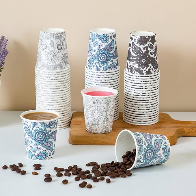 [300 Pack] 3 oz Disposable Paper Cups, Small Mouthwash 3 OZ Mini Bathroom Cups 3 Ounce for Supermarket, Birthday Party, Travel, Events, Picnic, BBQ (Paisley)
