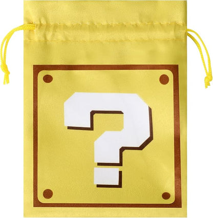 RICHNESS Question Mark Candy Bags -16 PCS Satin Drawstring Goodie Bags for Kids, Reusable Yellow Question Mark Party Favor Bags for Birthday, Retro Video Game Treat Pouches for Pinata Fillers Classroom Rewards